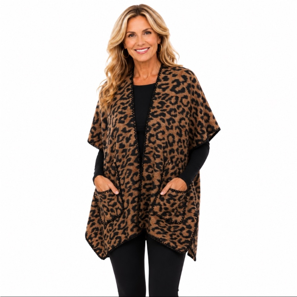 Leopard Print Open-Front Cardigan Poncho - Brown Size OS 💥NWOT💥